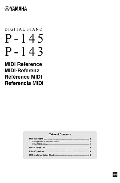 yamaha雅马哈P-145_P-143  MIDI Reference